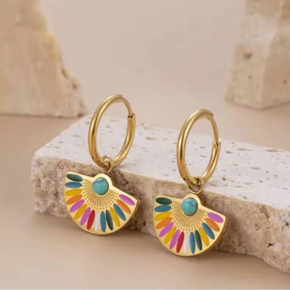 18k Gold Plated Enamel Rainbow Drop Hoop Earrings - Picture 4 of 7